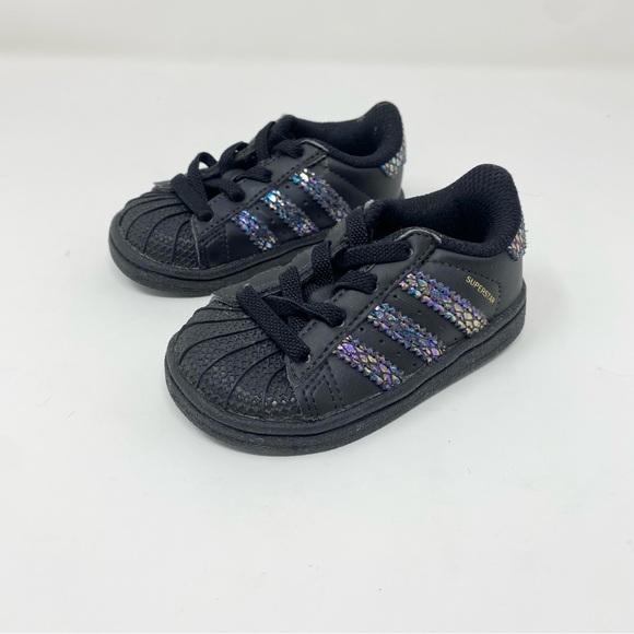 Adidas Superstar #CQ 0746 Black & Iridescent Pearl Stripes Girls Size 5 Juniors - Picture 1 of 7
